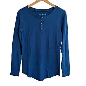 ECO MALIBU Womens Fine Thermal Henley Shirt Top Organic Cotton Blend Blue M Gorp